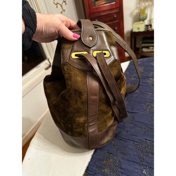 Celine Green-Brown Suede & Brown Leather Triomphe Bucket Shoulder Bag - Picture 6 of 16